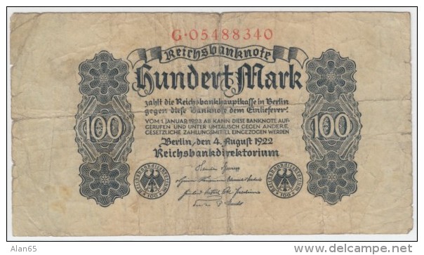 Germany #75, 100 Marks 1922 Banknote Currency - 100 Mark