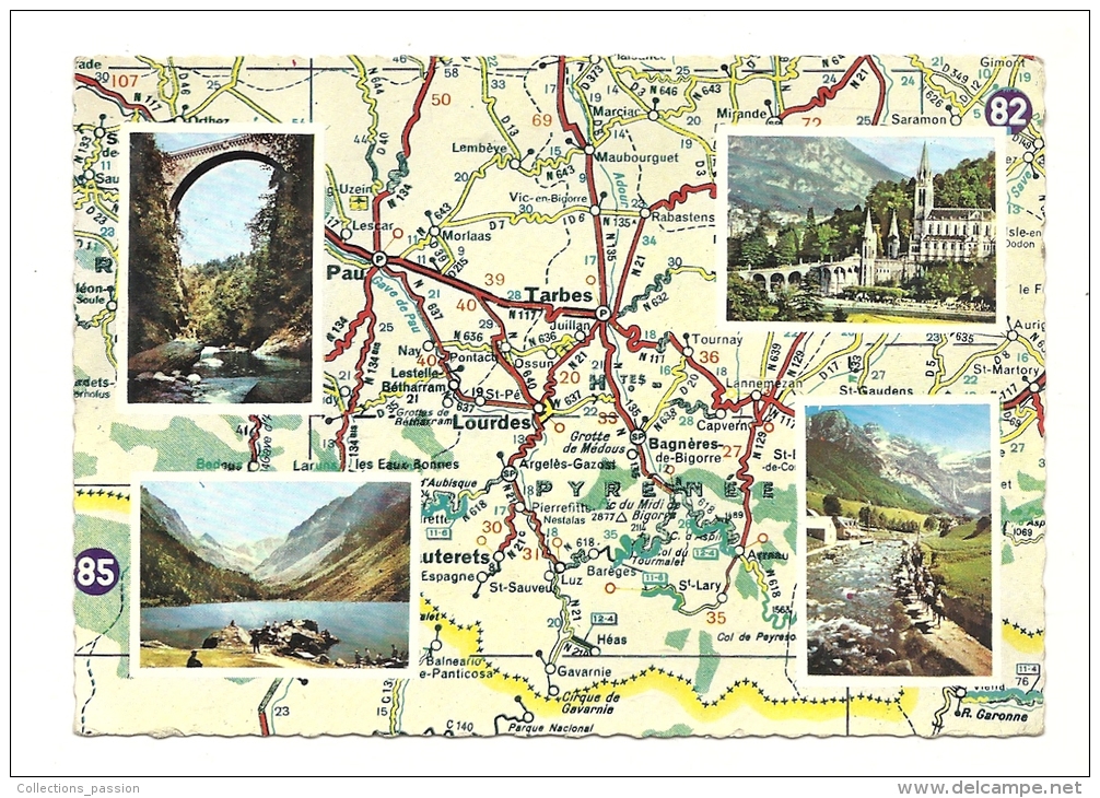 Cp, Carte Géographique, Les Pyrénées, Avec Vues De Lourdes, Gavarie, Leac De Gaube, Pont Napoléon, Voyagée 1969 ? - Landkarten