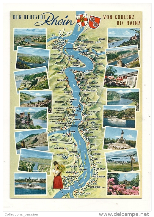 Cp, Carte Géographique, Der Deutch Rhein, Von Koblenz Bis Mainz - Landkarten