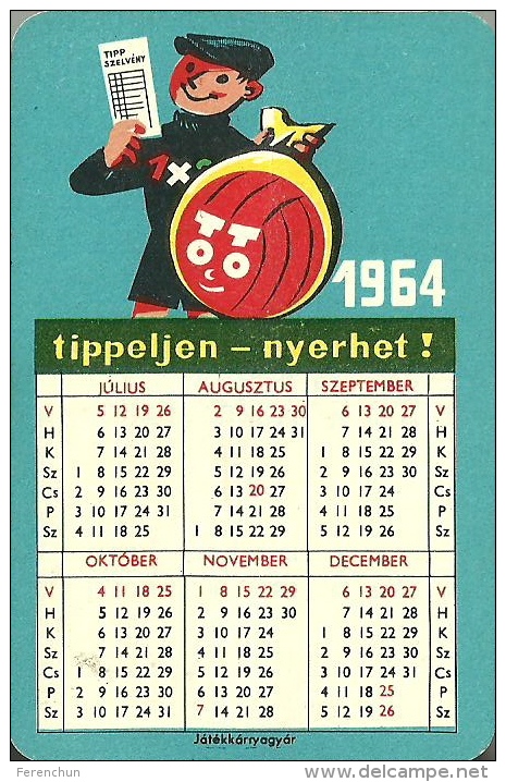 GAMBLING * LOTTERY * FOOTBALL POOL * SOCCER * SPORT * FOUR LEAF CLOVER * CALENDAR * Sportfogadas 1964 * Hungary - Kleinformat : 1961-70