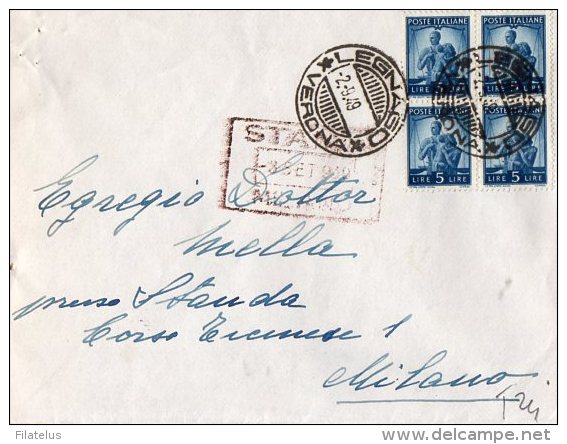 BUSTA POSTALE COMMERCIALE-LEGNAGO-2-9-1 949--LIRE 5X4-TIMBRO "GELATI MOTTA) - 1946-60: Storia Postale