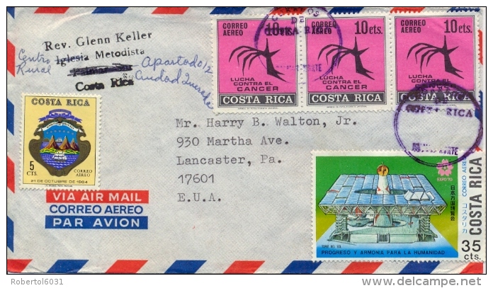 Costa Rica 1970? Cover With Air Mail Stamps 3 X 10 Cent. Cancer Congress + 5 Cent. Arm + 35 Cent. Osaka Expo - Malattie