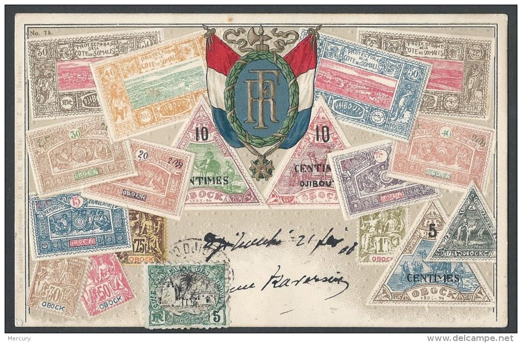 COTE DES SOMALIS - RARE Carte En Relief Aux Drapeaux Avec Des Reproductions De Timbres - Lettres & Documents