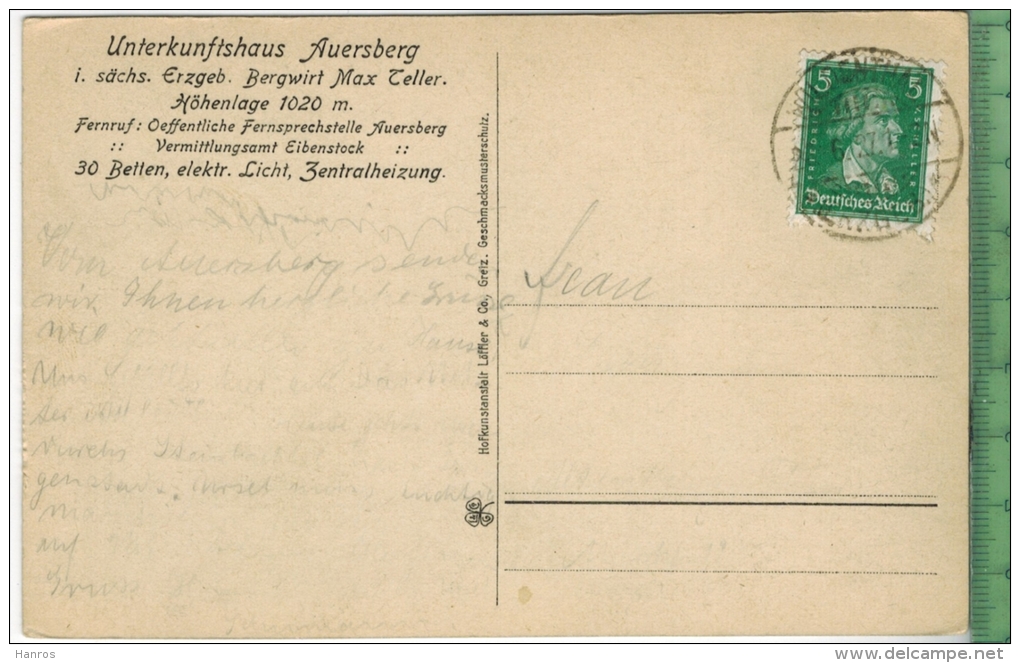 Auersberg, 1020 M. Erzgebirge, Verlag: Löffler & Co., Greiz, Postkarte Mit Frankatur, Mit Stempel, WILDENTHAL  20.6.27 - Auersberg