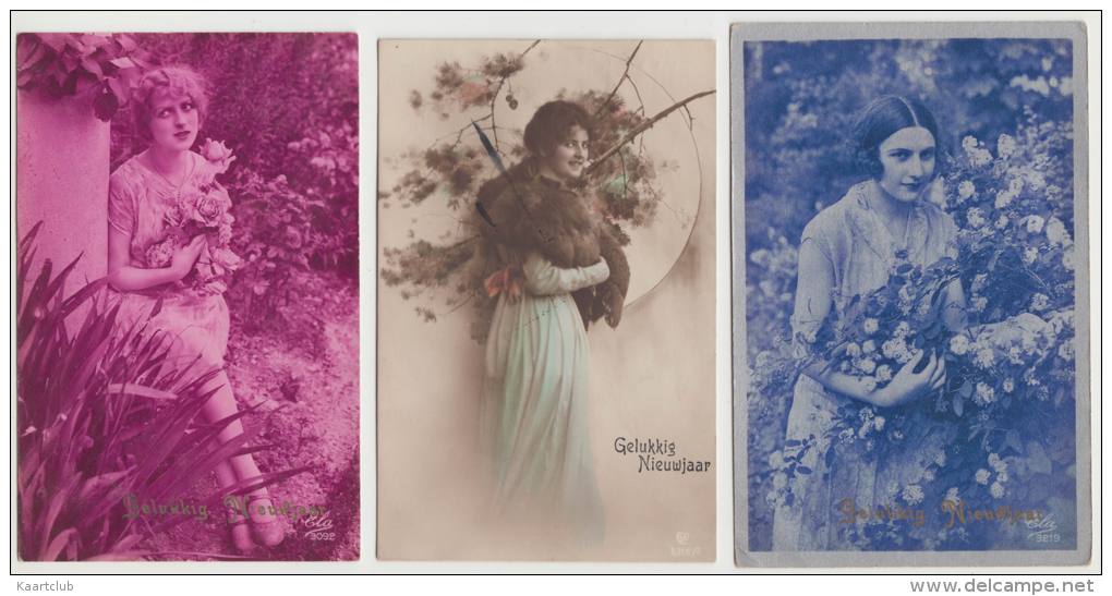 3 OLD POSTCARDS :  ´GELUKKIG NIEUWJAAR´ : Vrouwen Met Bloemen/Planten - Femmes, Fleur  (1920 -???-  Holland/Nederland) - Nieuwjaar