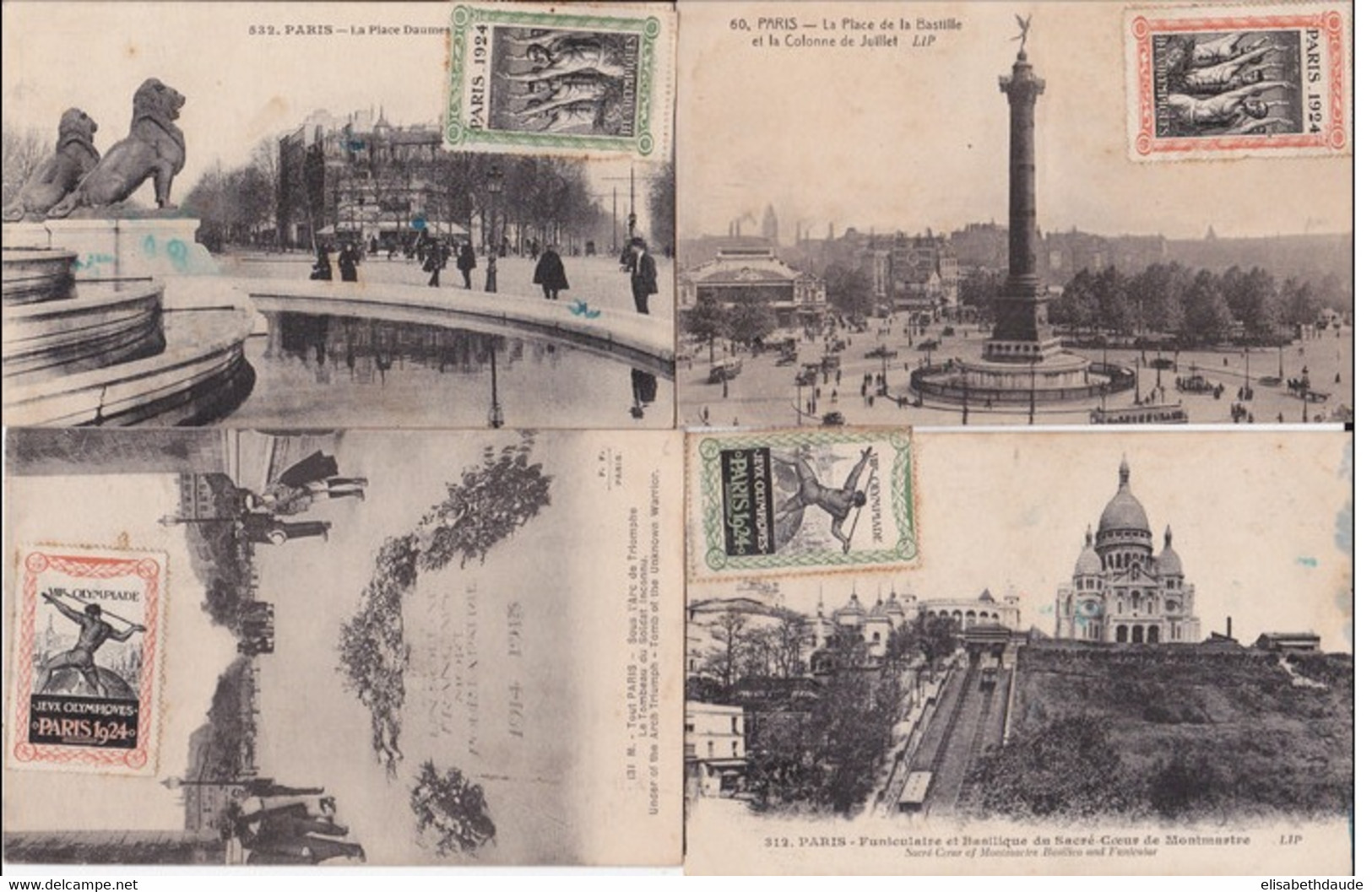 JEUX OLYMPIQUES De PARIS De 1924 - RARES VIGNETTES DIFFERENTES SUR 4 CARTES De PARIS Avec EXPLICATION SUR L'UNE D'ELLE - Sports