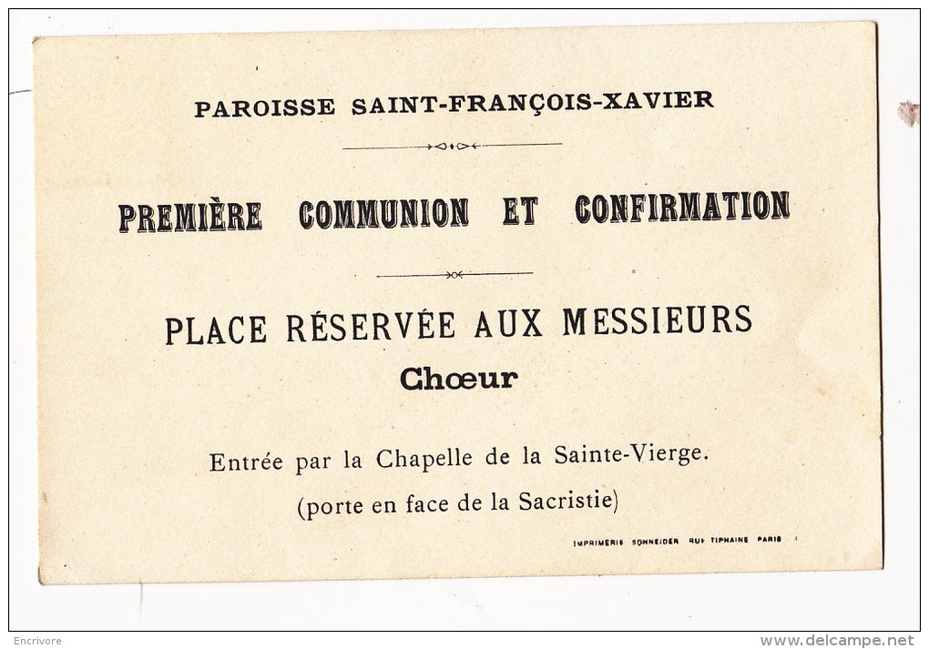 Carte Communion Et Confirmation Eglise Saint François Xavier Paris Place Reservée Aux Messieurs - Kommunion Und Konfirmazion