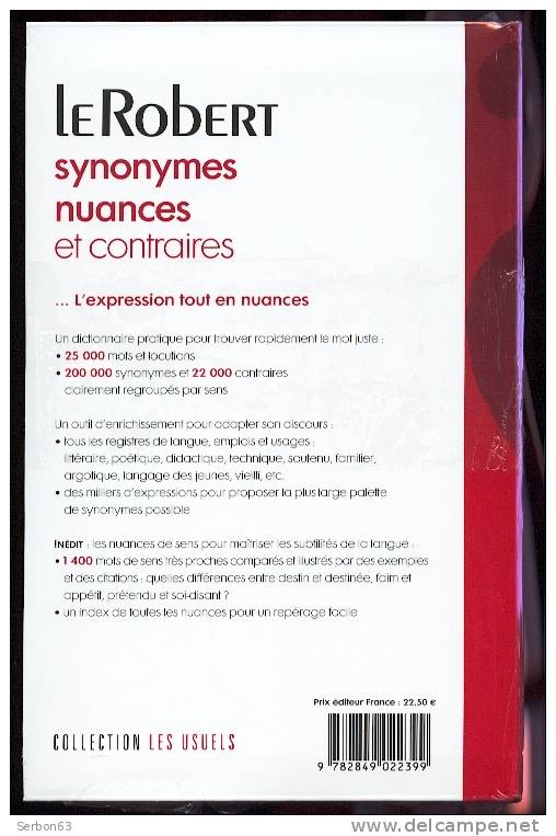 LIVRE DICTIONNAIRE DES SYNONYMES NUANCES ET CONTRAIRES COLLECTION LES USUELS "LE ROBERT" LIVRE NEUF SOUS FILM CESSATION - Dictionnaires