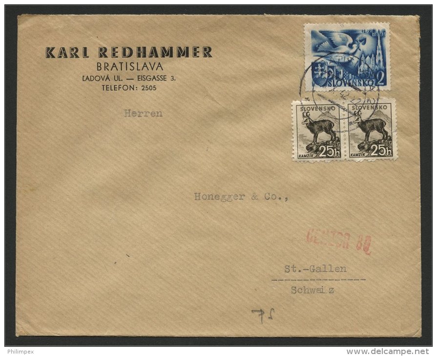 SLOVAKIA, CENSORED COVER 1941 TO SWITZERLAND - Briefe U. Dokumente