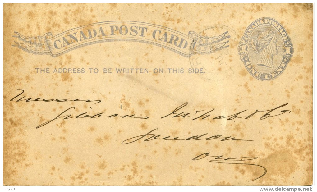 Entier Postal Victoria 1 Cent. Voyagé Mais Cachet Difficilement Lisible. Rousseurs - 1860-1899 Reign Of Victoria