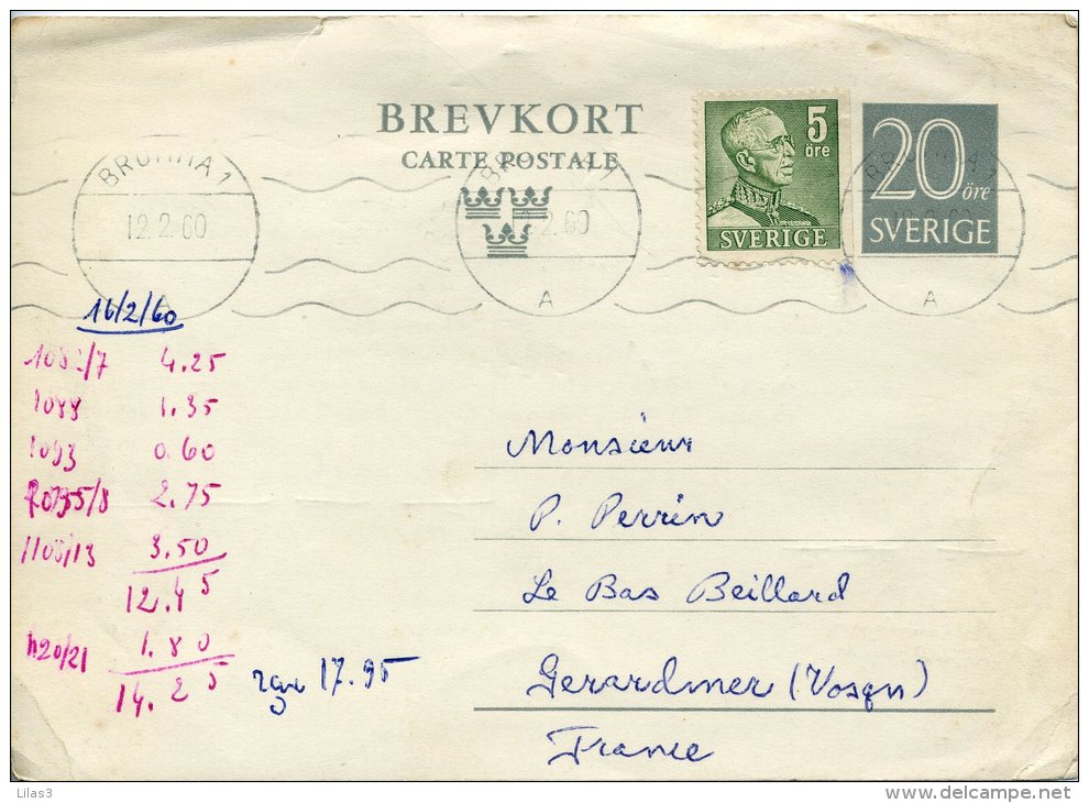 Entier Postal Avec Complément D'affranchissement Pour La France 12/2/1960. Défaut Ecriture En Rouge - Ganzsachen