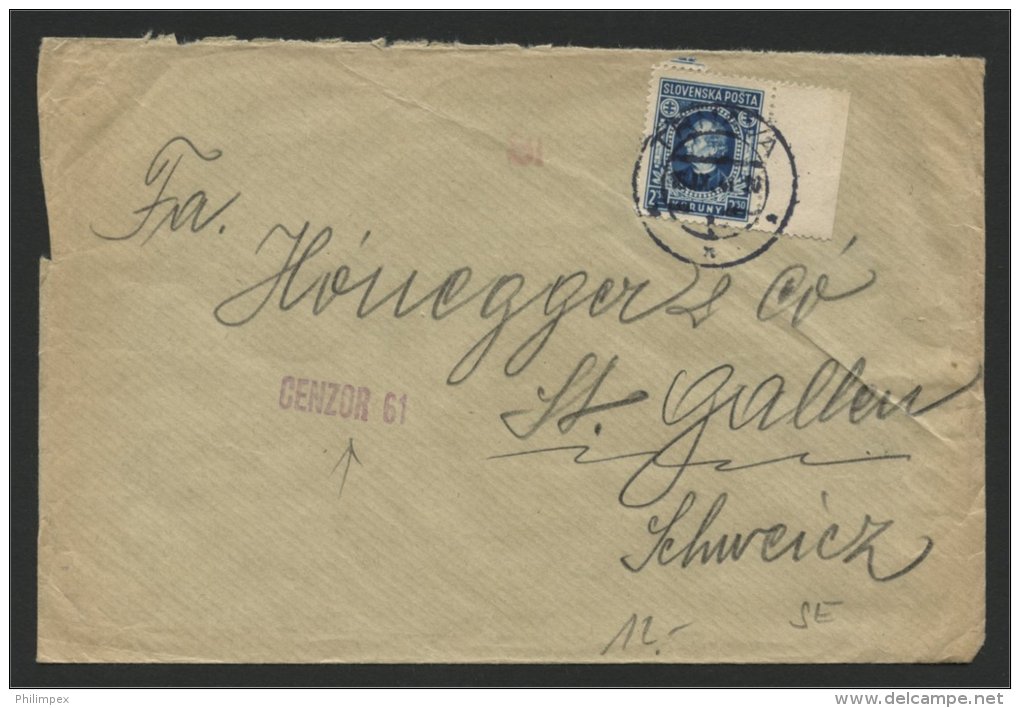 SLOVAKIA, CENSORED COVER 1941 TO SWITZERLAND - Storia Postale