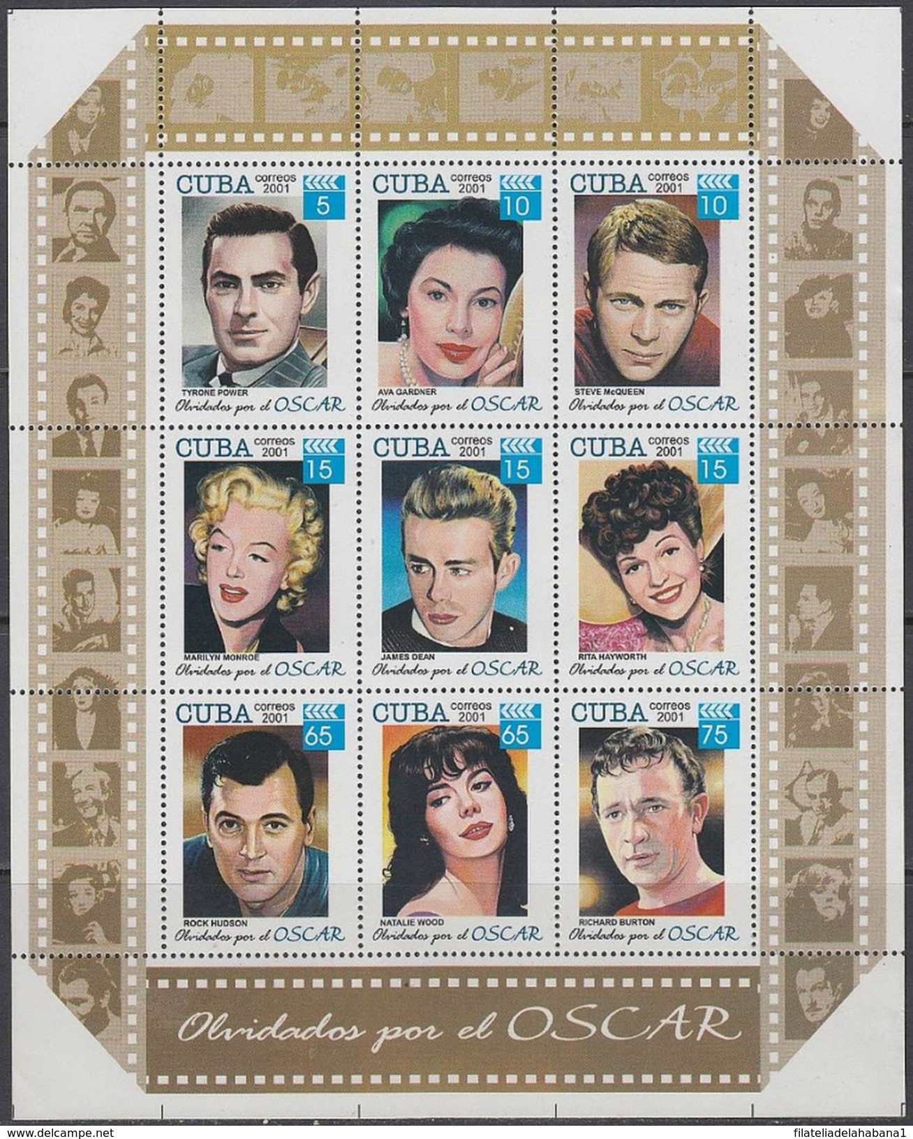 2001.83 CUBA MNH SPECIAL FORMAT MOVIE OSCAR AWARD MARILYN MONROE. TYRONE POWE, AVA GARTNER, STEVE McQUEEN. JAMES DEAN. - Hojas Y Bloques