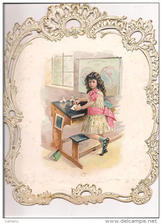 RARE TRES BEAU DECOUPIS GRAND FORMAT 21 X 28 CMS ENFANT PETITE FILLE A L'ECOLE - Kinderen