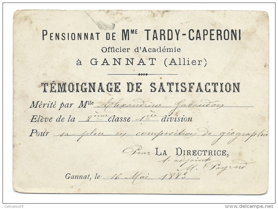 Carte Géographique De La Vendée De 1884 En Témoignage De Satisfaction Du Pensionnat De Mme Tardy- Caperoni - Gannat - Géographie