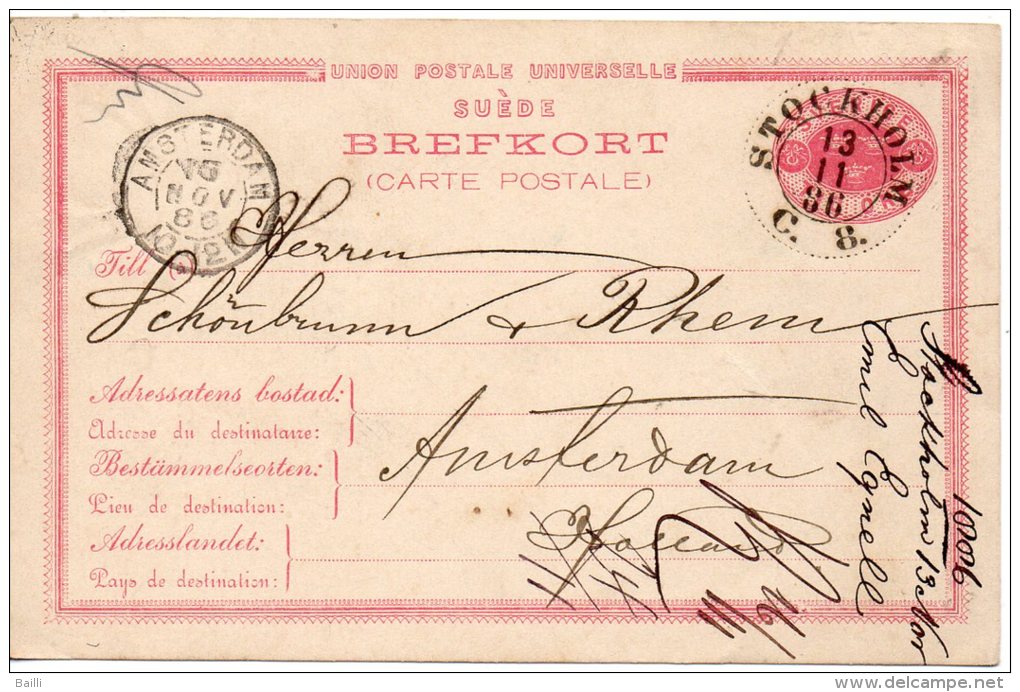 SUEDE ENTIER POSTAL POUR LES PAYS BAS 1886 - Ganzsachen