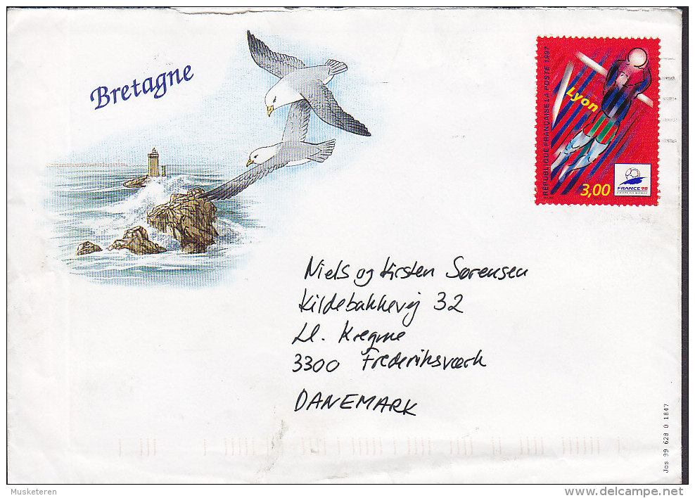 France Bird Vogel Oiseau BRETAGNE Cachet 1997? Cover Lettre To Denmark Football Fussball Lyon Stamp - Storia Postale