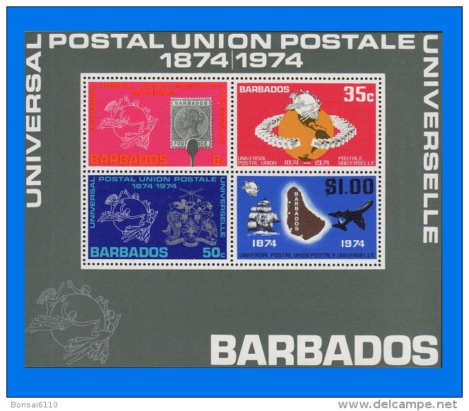 BB 1974-0001, Centenary Of UPU Miniature Sheet, MNH - Barbados (1966-...)
