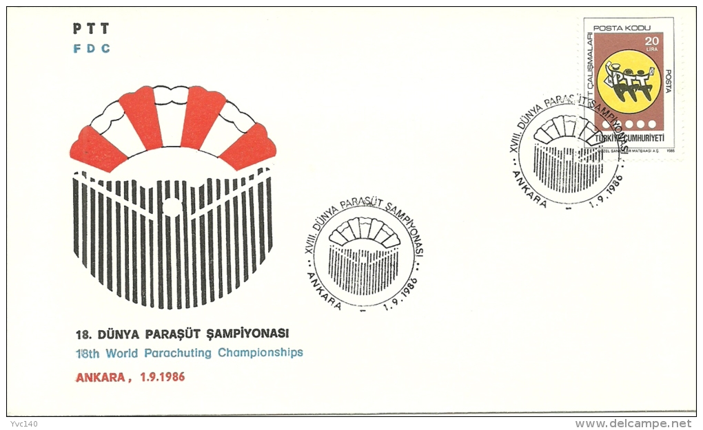 Turkey; Special Postmark 1986 18th World Parachuting Championship, Ankara - Parachutisme