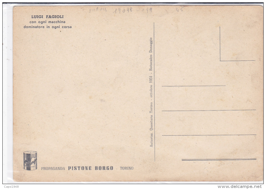 CARD AUTOMOBILISMO 1000 MIGLIA 1950 OSIMO 28-4-1950 LUIGI FAGIOLI PUB."PISTONE BORGO"TORINO-FG-N-2-0882- 19100-099 - Altri & Non Classificati