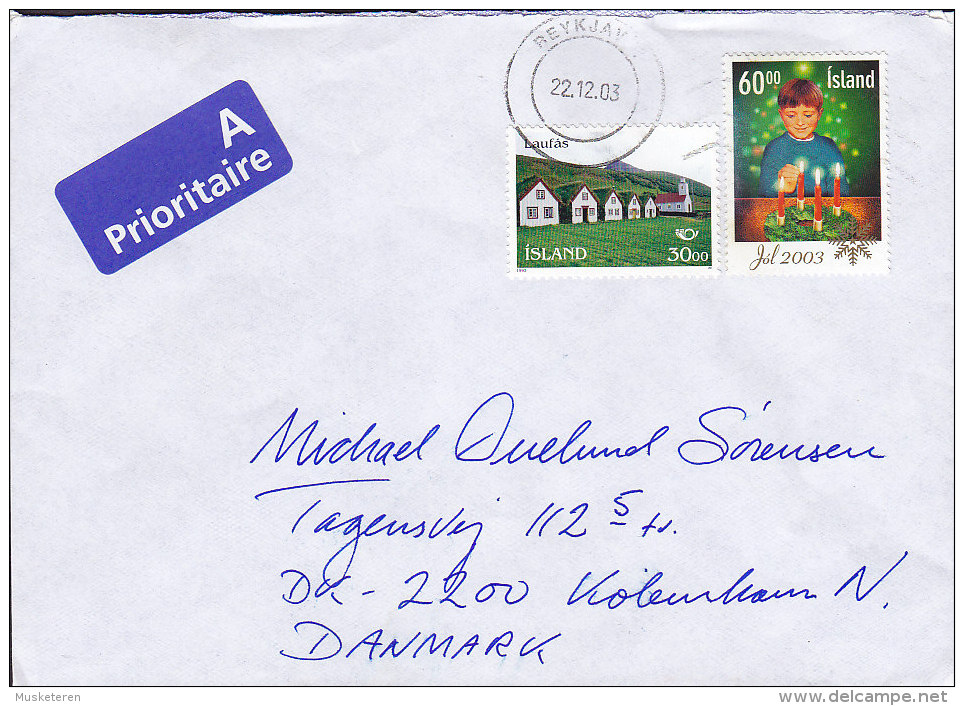 Iceland A Prioritaire Label REYKJAVIK 2003 Cover Brief To Denmark Christmas Weihnachten Jul Noel Natale Navidad - Brieven En Documenten