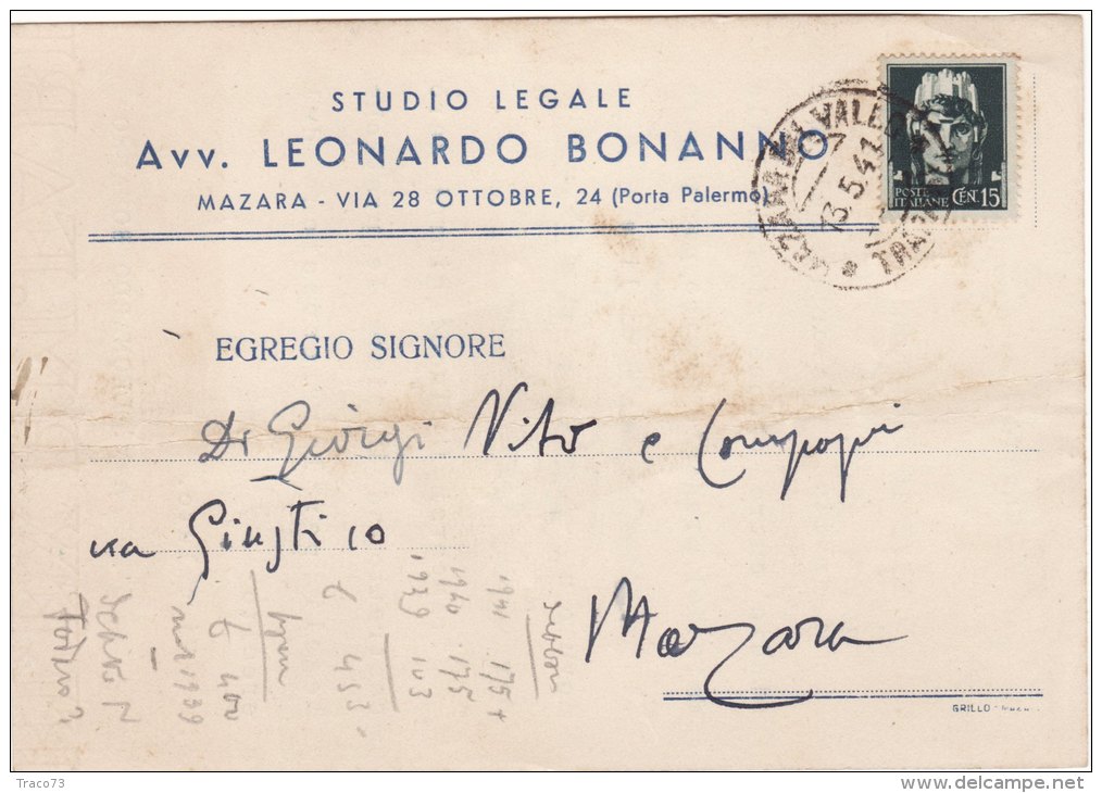 MAZARA  /    Cartolina  Pubblicitaria " Studio Legale Avv. Leonardo BONANNO " Firma  _ Viaggiata 1941 - Mazara Del Vallo