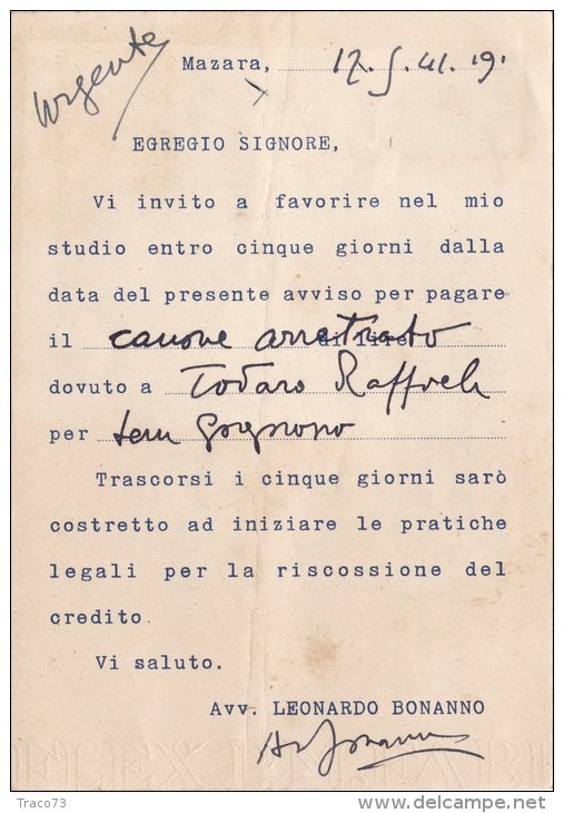 MAZARA  /    Cartolina  Pubblicitaria " Studio Legale Avv. Leonardo BONANNO " Firma  _ Viaggiata 1941 - Mazara Del Vallo