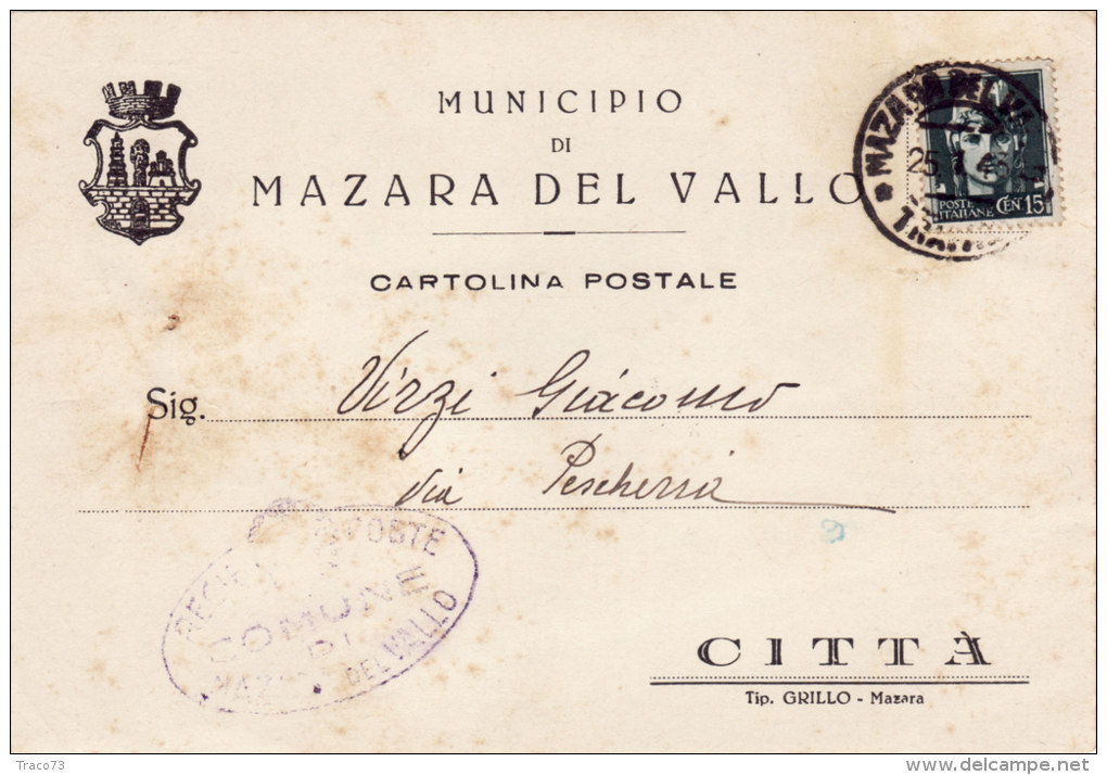 MAZARA  /    Cartolina  Araldica " Municipio Di MAZARA DEL VALLO "   _ Viaggiata 1943 - Mazara Del Vallo