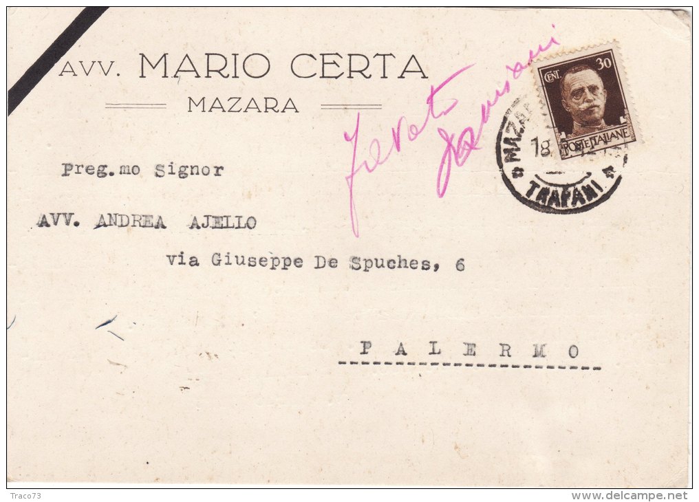 MAZARA  /    Cartolina  Pubblicitaria  " Avv. Mario CERTA "   _ Viaggiata 1942 - Mazara Del Vallo