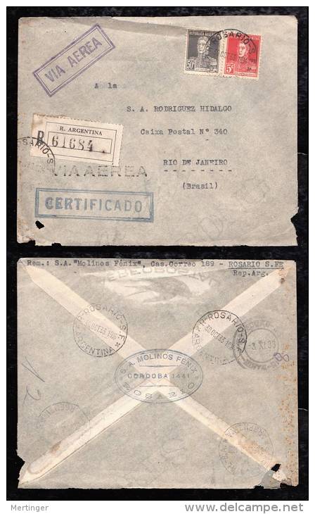 Argentina 1933 Registered Airmail Cover To Rio De Janeiro Brazil - Lettres & Documents
