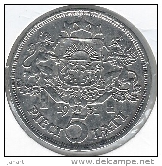 Latvijas Republika,1931 = Latvia = Letonia 5 Lati 1931 Silver - Autres – Europe