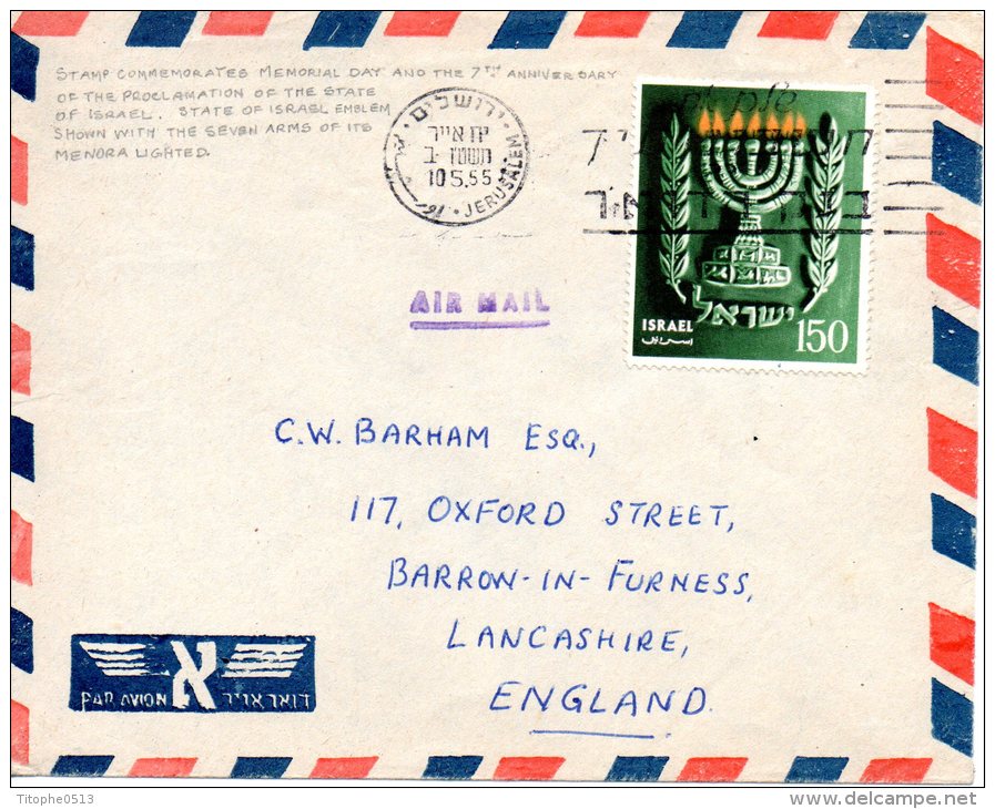 ISRAËL. N°85 De 1955 Sur Enveloppe Ayant Circulé. Menora. - Jewish