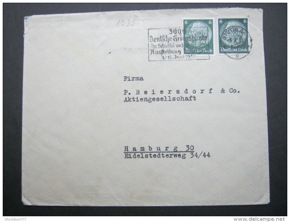 1935, Propagandastempel  Kriegsblinde , Brief Aus Stuttgart - Briefe U. Dokumente