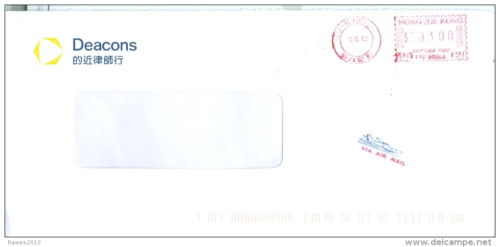 Hongkong AFS 2012 Deacons Diakonie Luftpostbrief Luftpoststempel Flugzeug - Briefe U. Dokumente