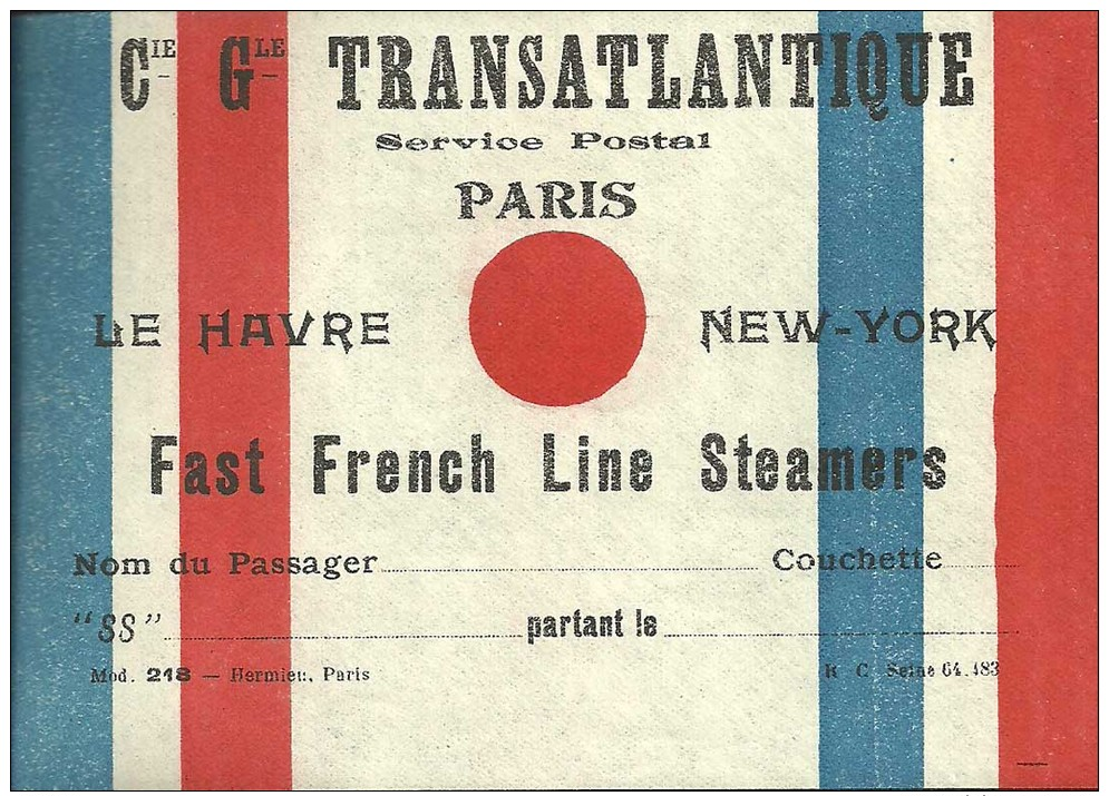 P0421- Paris: Cie Générale Transatlantique: Billet Passager - Altri & Non Classificati