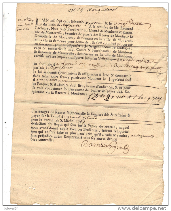 Cachet Généralité De LIMOGES 1 Sol 3 Deniers Sur Document 22/12/ 1764 Assignation - Orgedeuil Montbron Charente - Timbri Generalità