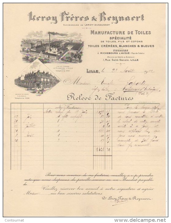 59 LILLE FACTURE 1912 Manufacture De TOILES  LEROY Frères & REYNAERT    * B9 - 1950 - ...