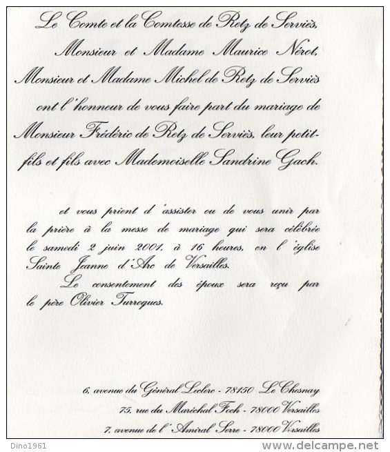 VP711 - VERSAILLES - Mariage De Mr F. DE RETZ X S. GACH / CHEVREUSE / LE CHESNAY / LESIGNAN / CHATOU - Annunci Di Nozze