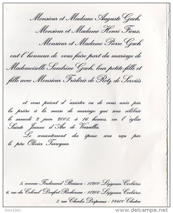 VP711 - VERSAILLES - Mariage De Mr F. DE RETZ X S. GACH / CHEVREUSE / LE CHESNAY / LESIGNAN / CHATOU - Annunci Di Nozze