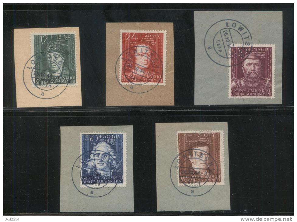 POLAND 1944 GENERAL GOUVERNEMENT CULTURE ISSUE SET OF 5 ON PIECES USED LOWICZ LOWITSCH - General Government