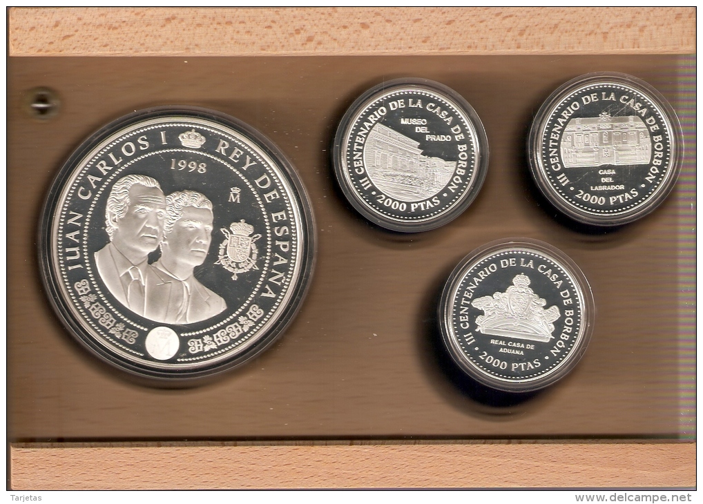 COLECCION DE 4 MONEDAS DE PLATA CASA DE BORBON 1998 ESTUCHE DE MADERA CERTIFICADO DE AUTENTICIDAD (COIN) SILVER-ARGENT - Sets Sin Usar &  Sets De Prueba