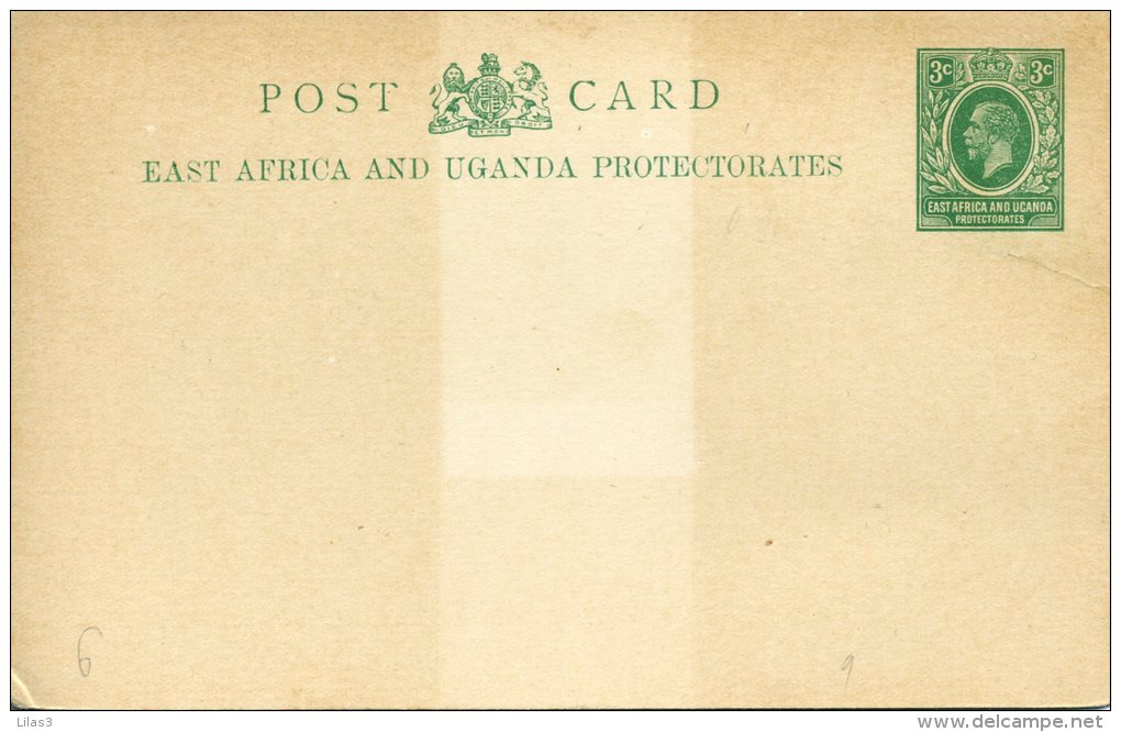 Entier Postal Carte East Africa And Uganda Protectorates 3c Vert  Trace Claire Au Centre - Protectorats D'Afrique Orientale Et D'Ouganda