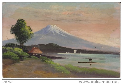 Japan Landscape, Artist 'Hand-painted' Image, Mountain Boats On Water, House, C1900s Vintage Postard - Other & Unclassified