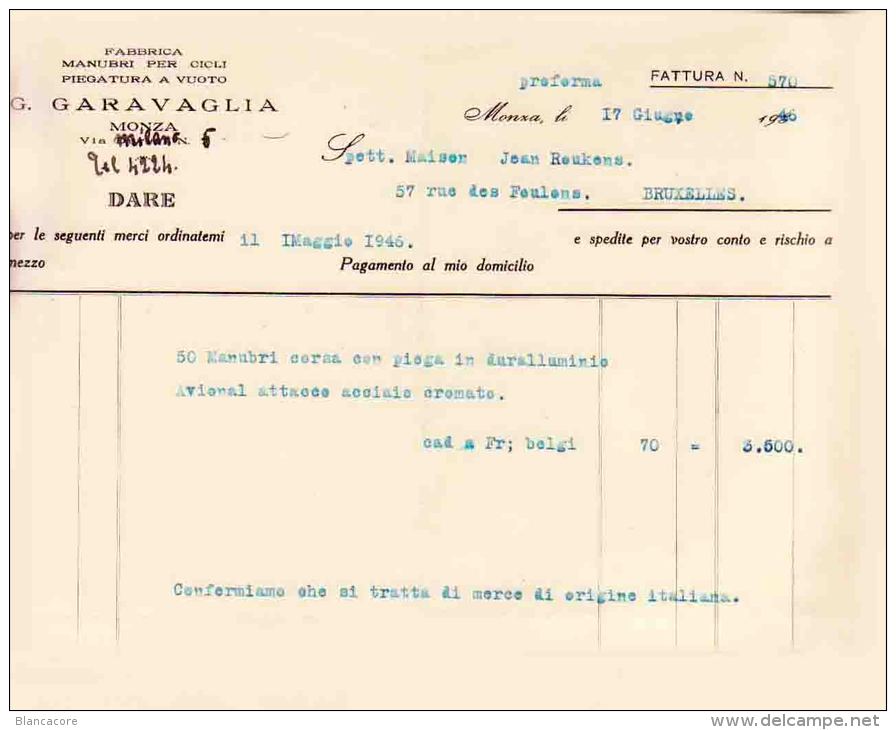 MONZA GARAVAGLIA 1946  Fabrica Manubri Per Cicli Cycle Vélo Cycles Vélos - Italie