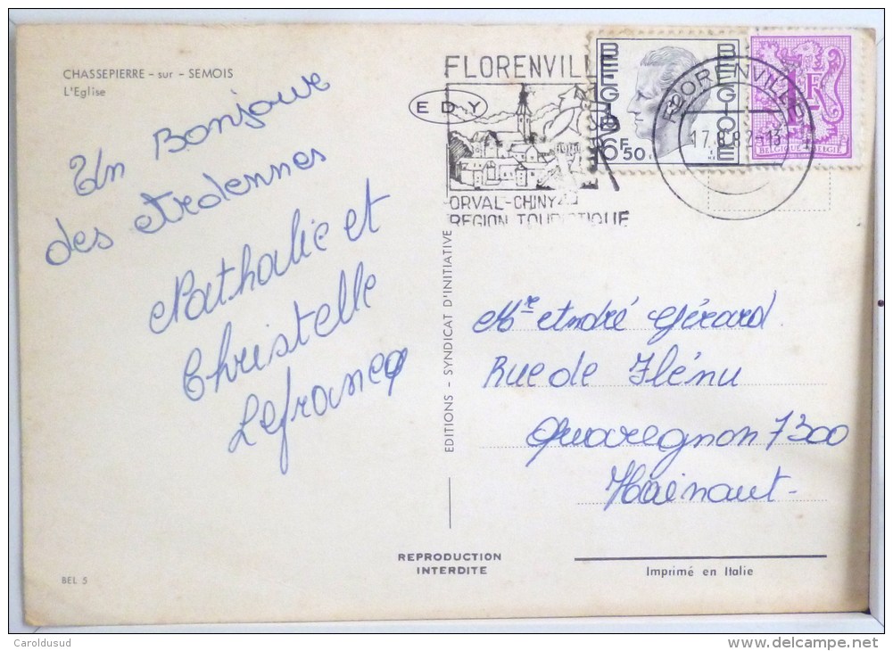 Cp Chassepierre  L Eglise  Voyagé 1987 Timbre Cachet Flamme Florenville - Chassepierre