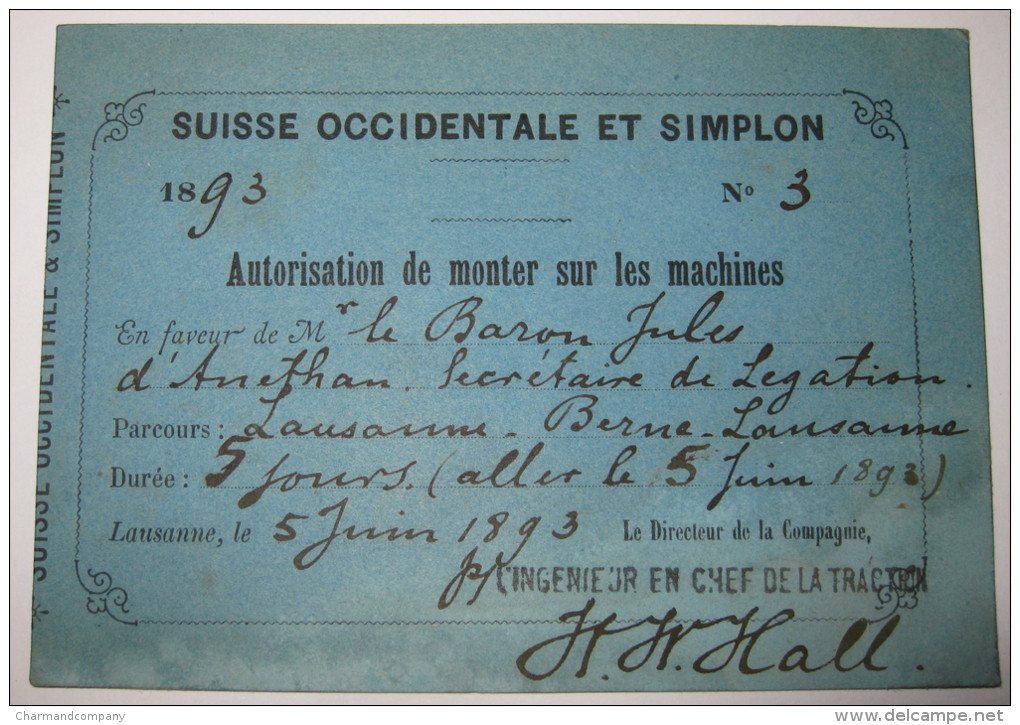 1893, Suisse Occ. Et Simplon - Autorisation De Monter Sur Les Machines, Lausanne-Berne, Baron Jules D´Anethan - Europe