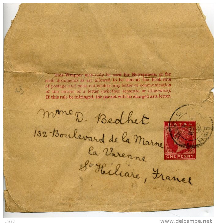 Entier Postal Partie De Bande Journal One Penny Rouge Victoria Oblitération Difficilement Lisible Pour La France - Natal (1857-1909)