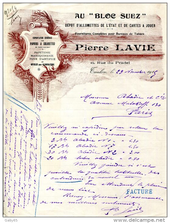 83.VAR.TOULON.DEPOT D'ALLUMETTES DE L'ETAT & DE CARTES A JOUER " AU BLOC DE SUEZ " P.LAVIE 19 RUE DU PRADEL. - Autres & Non Classés