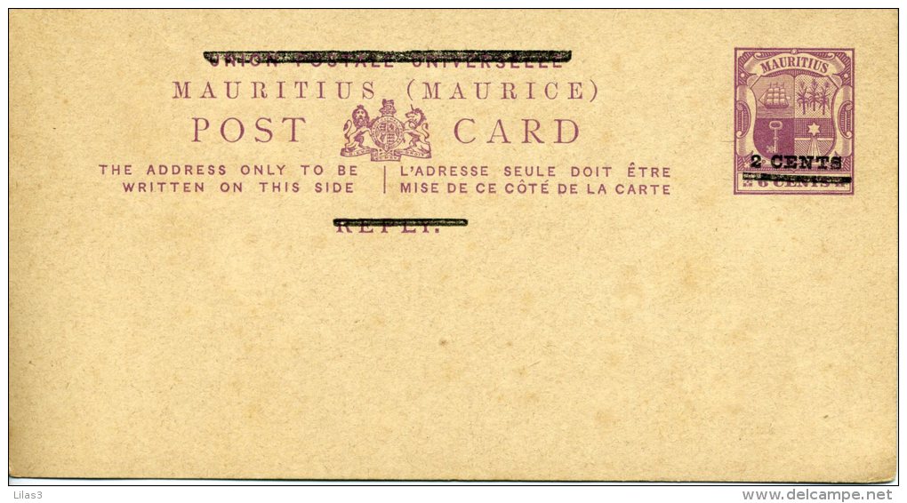 Entier Postal Carte 6 Cents Violet Maurice Surchargée 2 Cents Union Postale Universelle Rayée Ainsi Que Reply. Superbe - Mauritius (...-1967)