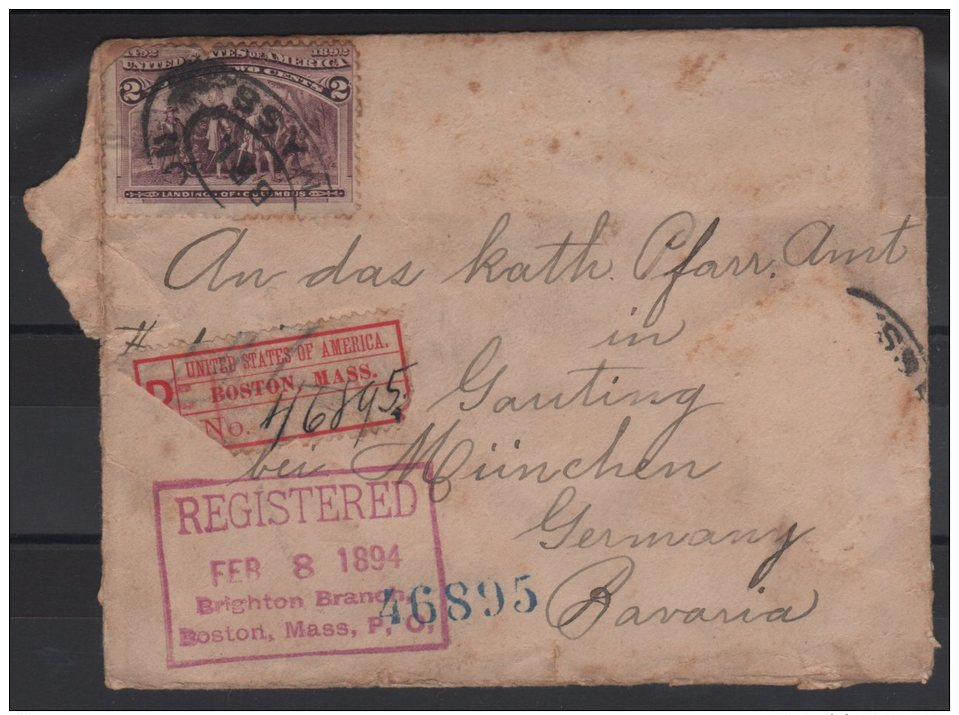 Cover : Enveloppe : USA  : Brigton Registered FER1894 FOR BAVARIA / BAVIERE / GAUTING / MUNCHEN / BOSTON MASS / BRANCH - Autres - Amérique